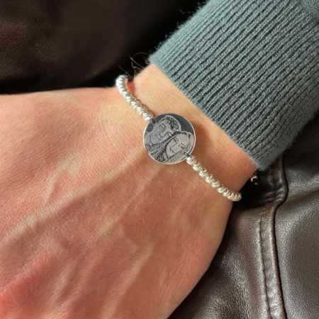 Bratari personalizate cu poza - Brățară cu biluțe și bănuț Argint 925 gravată cu poză, șnur împletit