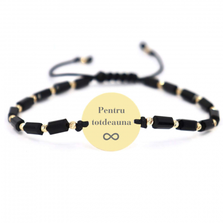 Bratari aur barbati - Brățară cu biluțe și bănuț Aur 14K personalizată cu poză, cristale sticlă și șnur