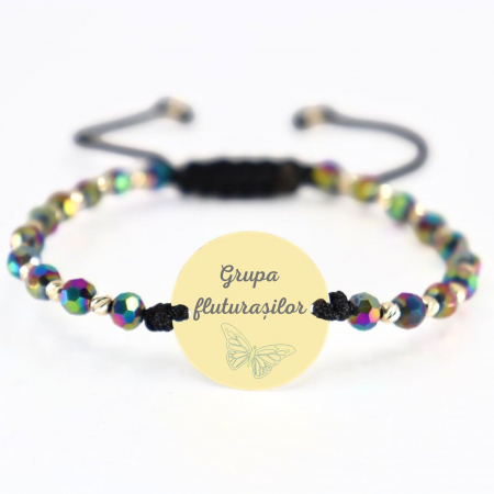 Brățară cu bănuț personalizat foto și biluțe de Aur 14K, Onix și șnur reglabil [0]