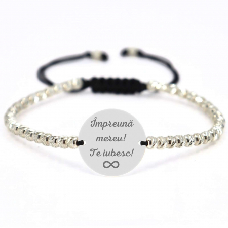 Bratari argint barbati - Brățară cu biluțe și bănuț din Argint 925 personalizată cu poză, șnur împletit