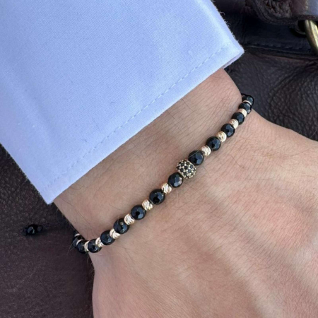 Brățară cu Biluțe și Charm de Aur 14K, Onix 6 mm și Șnur Reglabil [1]