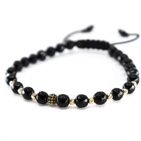 Brățară cu Biluțe și Charm de Aur 14K, Onix 6 mm și Șnur Reglabil [3]