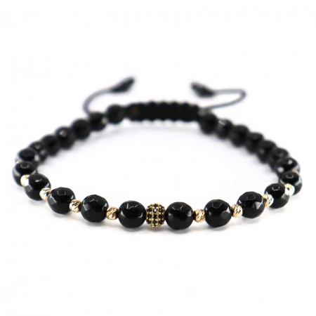 Brățară cu Biluțe și Charm de Aur 14K, Onix 6 mm și Șnur Reglabil [0]