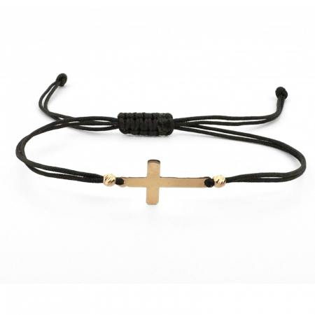 Bratari aur barbati - Brățară cu Biluțe și Cruciuliță din Aur 14K Personalizată, Șnur Reglabil