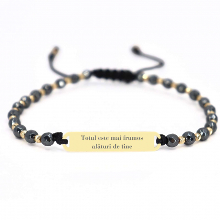 Bratari aur barbati - Brățară cu biluțe și plăcuță personalizată din Aur 14K, pietre Hematit