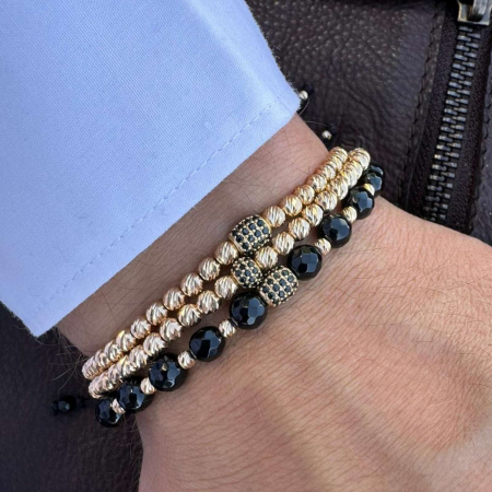 Brățară cu Charm și Biluțe de Aur 14K, Onix 6 mm și Șnur Reglabil [2]