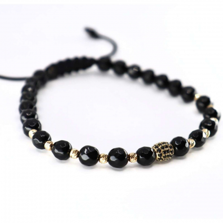 Brățară cu Charm și Biluțe de Aur 14K, Onix 6 mm și Șnur Reglabil [4]