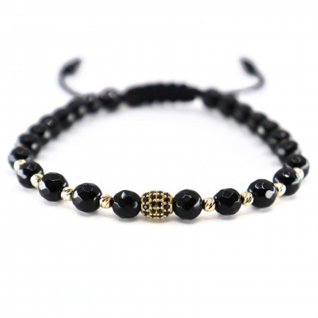 Brățară cu Charm și Biluțe de Aur 14K, Onix 6 mm și Șnur Reglabil [0]