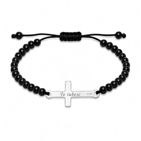 Bratari cu Snur - Brățară cu Cruce Personalizată din Argint 925 și Onix 4 mm – Simbol al Credinței și Protecției