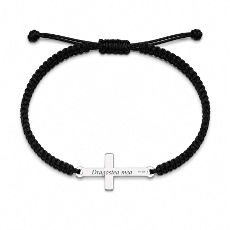 Bratari cu Snur - Brățară cu Cruce Personalizată din Argint 925 și Șnur Împletit Manual