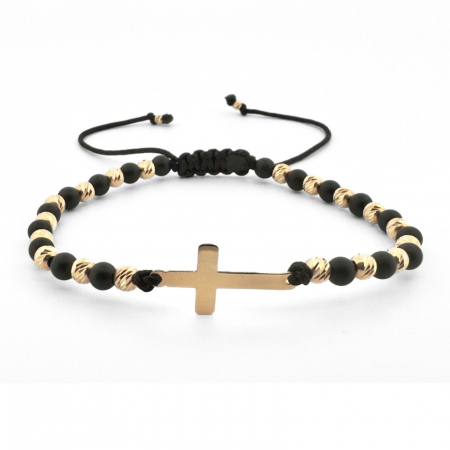 CADOURI - Brățară cu Cruciuliță Gravată și Bile din Aur 14K, Pietre Naturale Onix, Șnur Reglabil