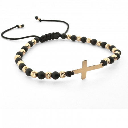 CADOURI - Brățară cu Cruciuliță Gravată și Bile din Aur 14K, Pietre Naturale Onix, Șnur Reglabil