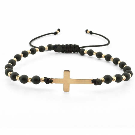 Bratari aur barbati - Brățară cu Cruciuliță Personalizată și 24 Biluțe din Aur 14K, Pietre Naturale Onix, Șnur Reglabil