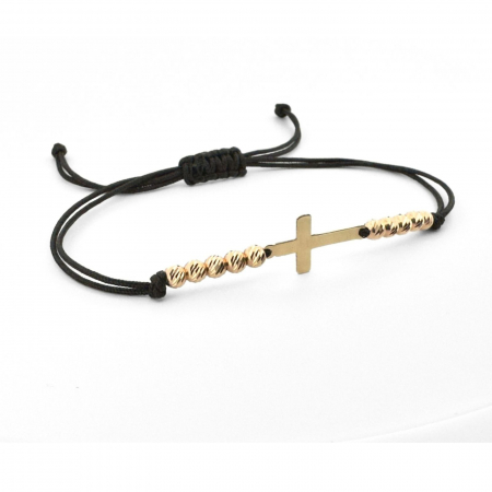 CADOURI - Brățară cu Cruciuliță și 10 Bile din Aur 14K 4mm , Personalizată, Șnur Reglabil