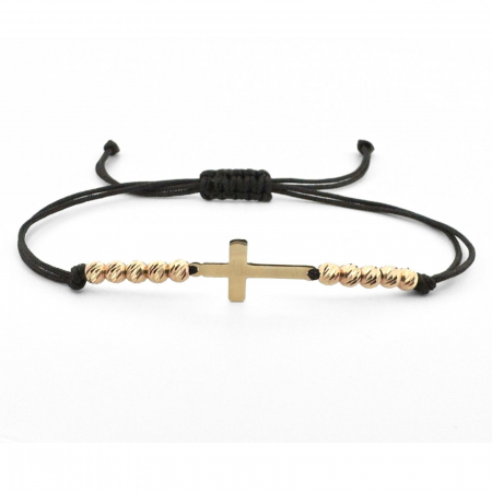 CADOURI - Brățară cu Cruciuliță și 10 Bile din Aur 14K 4mm , Personalizată, Șnur Reglabil