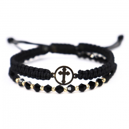 Brățară cu Cruciuliță și Biluțe de Aur 14K, Cristale Sticlă Biconice 4 mm și Șnur Reglabil [0]