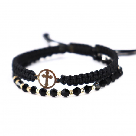 Brățară cu Cruciuliță și Biluțe de Aur 14K, Cristale Sticlă Biconice 4 mm și Șnur Reglabil [1]