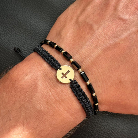 Brățară cu Cruciuliță și Biluțe de Aur 14K, Cristale Sticlă Dreptunghiulare și Șnur Reglabil Bratari aur dama - Brățară cu Cruciuliță și Biluțe de Aur 14K, Cristale Sticlă Dreptunghiulare și Șnur Reglabil