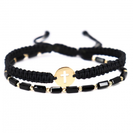 Brățară cu Cruciuliță și Biluțe de Aur 14K, Cristale Sticlă Dreptunghiulare și Șnur Reglabil [3]