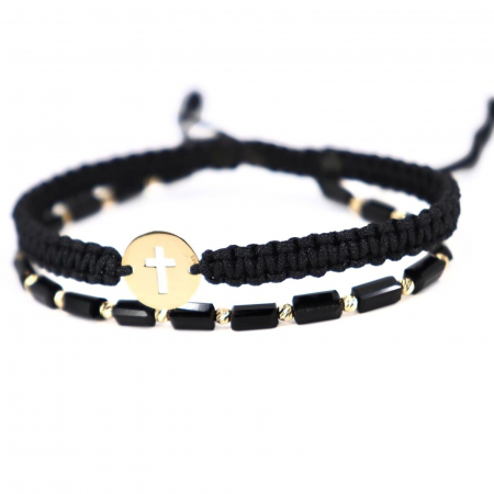 Brățară cu Cruciuliță și Biluțe de Aur 14K, Cristale Sticlă Dreptunghiulare și Șnur Reglabil [2]