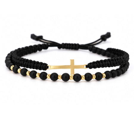 Bratari cu bilute de aur - Brățară cu Cruciuliță și Biluțe de Aur 14K, Onix 4 mm și Șnur Reglabil