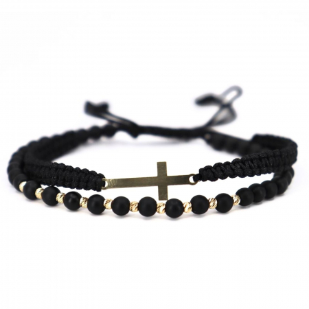 Bratari bilute aur - Brățară cu Cruciuliță și Biluțe de Aur 14K, Onix 4 mm și Șnur Reglabil