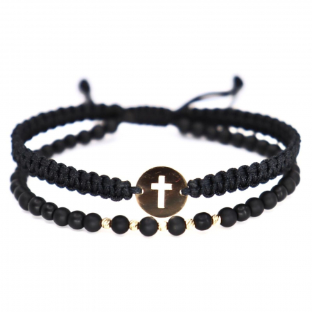 Bijuterii Religioase - Brățară cu Cruciuliță și Biluțe de Aur 14K, Pietre Onix și Șnur Împletit