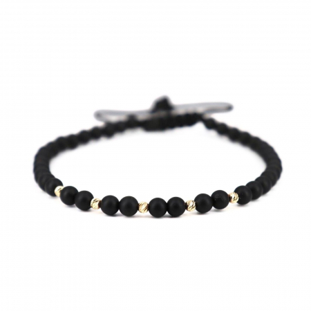 Bratari bilute aur - Brățară cu Onix Negru și Bile de Aur 14K, Șnur Reglabil