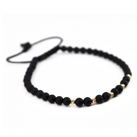 Bratari bilute aur - Brățară cu Onix Negru și Bile de Aur 14K, Șnur Reglabil