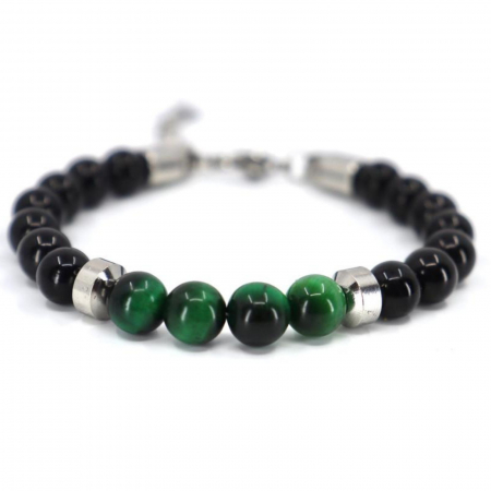 Bratari pietre semipretioase - Bratara cu pietre onix si ochi de tigru verde 8 mm, snur reglabil inox