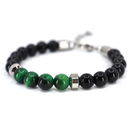 Bratari pietre semipretioase - Bratara cu pietre onix si ochi de tigru verde 8 mm, snur reglabil inox