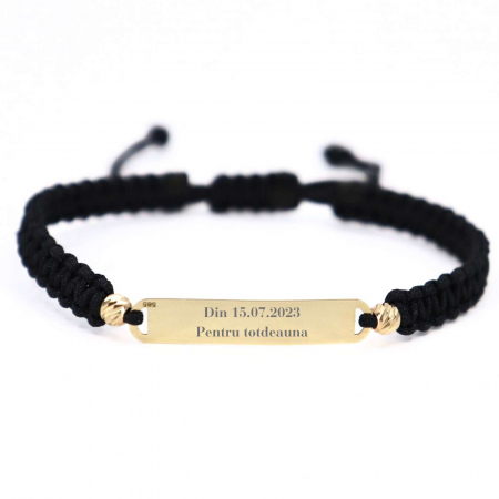Brățară cu plăcuță și biluțe de Aur 14K, personalizată text, șnur reglabil [0]