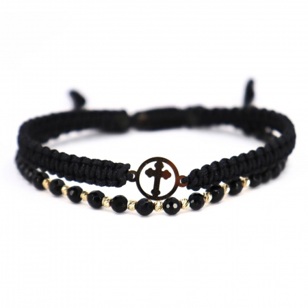 Bratari bilute aur - Brățară cu Șnur, Cruciuliță și Biluțe de Aur 14K, Onix Fațetat 4 mm