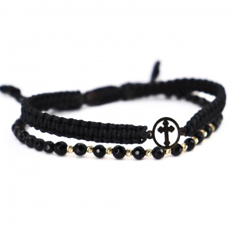 Brățară cu Șnur, Cruciuliță și Biluțe de Aur 14K, Onix Fațetat 4 mm [2]