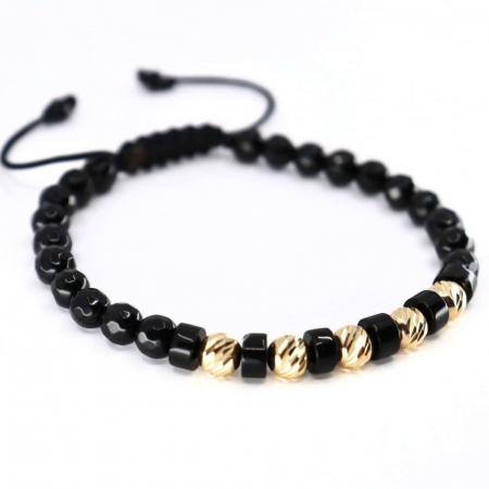 Brățară cu Șnur Reglabil, Bile de Aur 14K, Pietre Onix 6 mm [4]