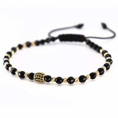 Brățară cu Șnur Reglabil, Biluțe și Charm de Aur 14K, Pietre Onix [3]