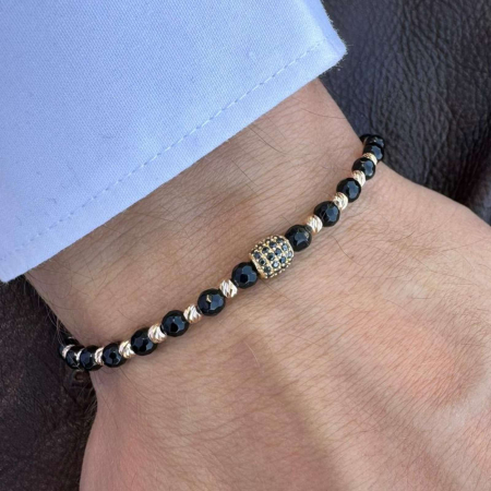 Brățară cu Șnur Reglabil, Biluțe și Charm de Aur 14K, Pietre Onix [1]