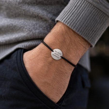 Bratari argint barbati - Brățară Personalizată cu Mesaj - Bănuț Argint 925, Șnur Simplu Reglabil, Unisex