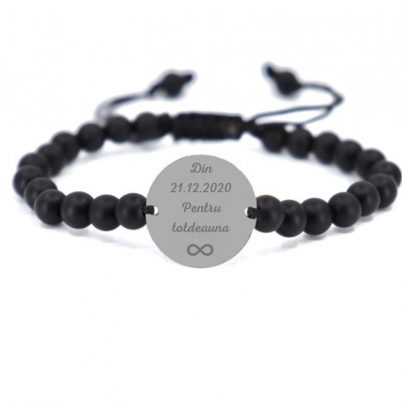 Bratari personalizate cu nume / text - Brățară cu șnur și bănuț personalizat Argint 925, biluțe onix