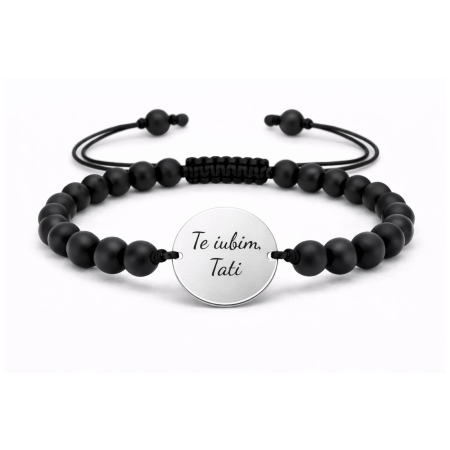 Bratari Argint Personalizate - Brățară cu șnur și bănuț personalizat Argint 925, biluțe onix