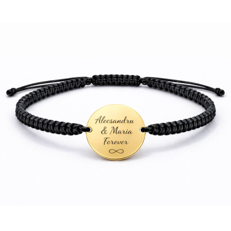 Bratari Argint Personalizate - Brățară cu șnur și bănuț personalizat cu gravură text, Argint 925