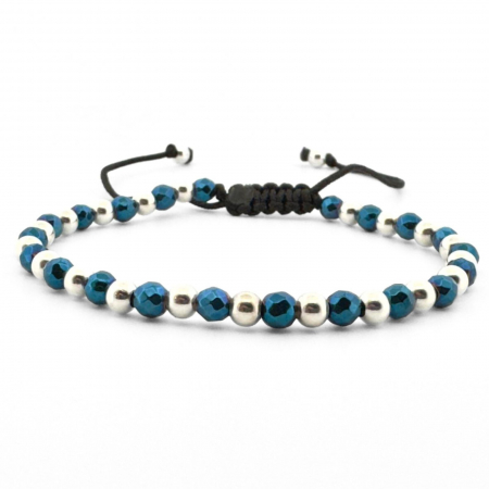Bratari argint cu pietre - Brățară cu Șnur și Bile Argint 925, Pietre Hematit Albastru 4mm, Unisex