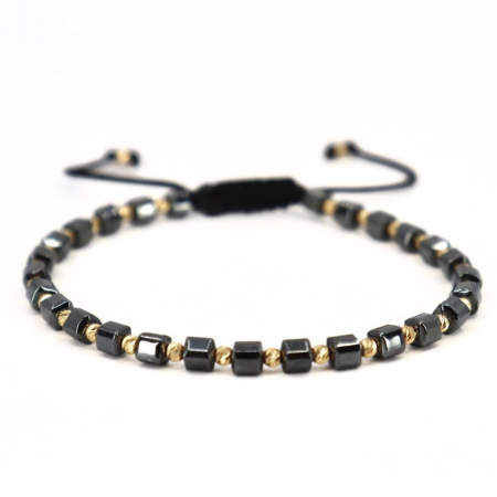Bratari bilute aur - Brățară cu Șnur și Bile de Aur 14K, Hematit Cuburi 4 mm