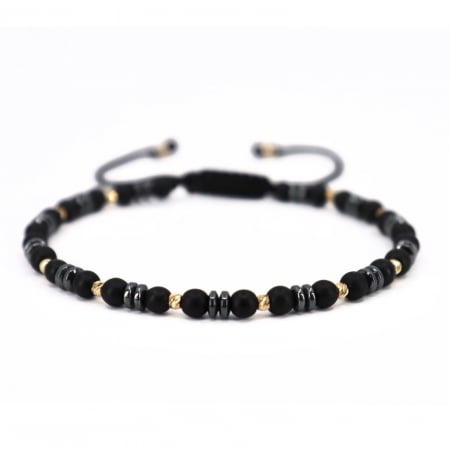 Bratari bilute aur - Brățară cu Șnur și Bile de Aur 14K, Onix Negru și Hematit Gri 4 mm