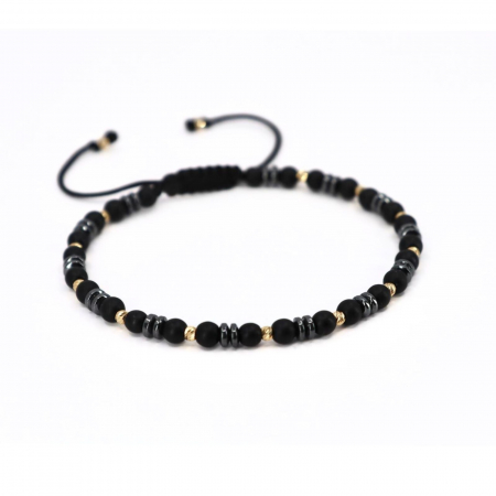 Brățară cu Șnur și Bile de Aur 14K, Onix Negru și Hematit Gri 4 mm [3]