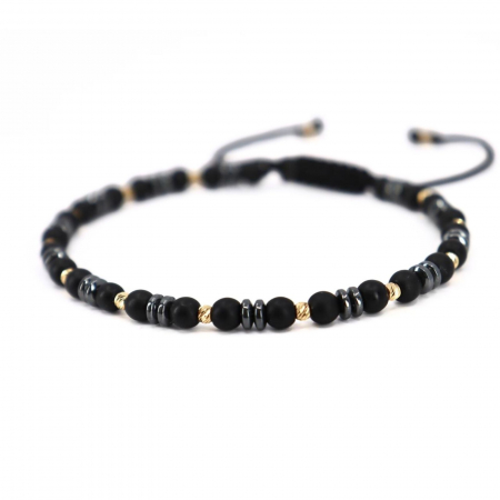 Brățară cu Șnur și Bile de Aur 14K, Onix Negru și Hematit Gri 4 mm [2]