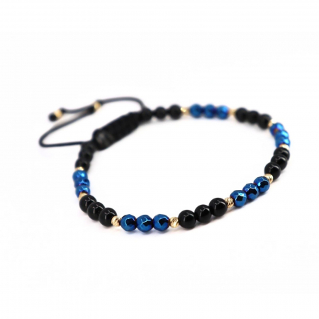Bratari bilute aur - Brățară cu Șnur și Bile de Aur 14K, Pietre Hematit Albastru & Onix Negru