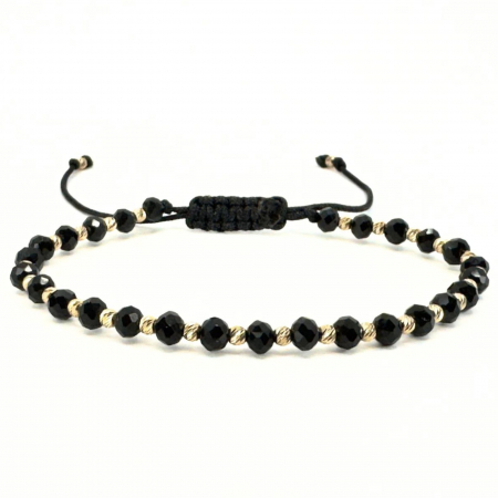 Bratari bilute aur - Brățară cu Șnur și Biluțe de Aur 14K, Cristale de Sticlă Negre, Unisex