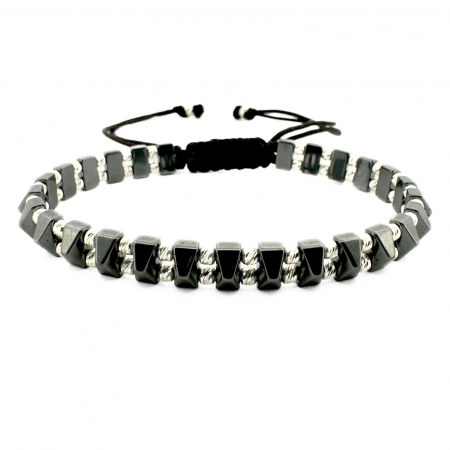 Bratari argint cu pietre - Brățară cu Șnur și Biluțe din Argint 925 2.5 mm, Hematit Gri Fațetat, Unisex