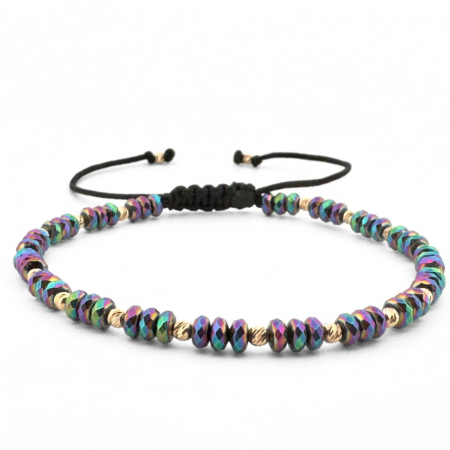 Bratari aur dama - Brățară Damă cu Bile de Aur 14K, Hematit Discuri Fațetate Multicolor și Șnur Reglabil